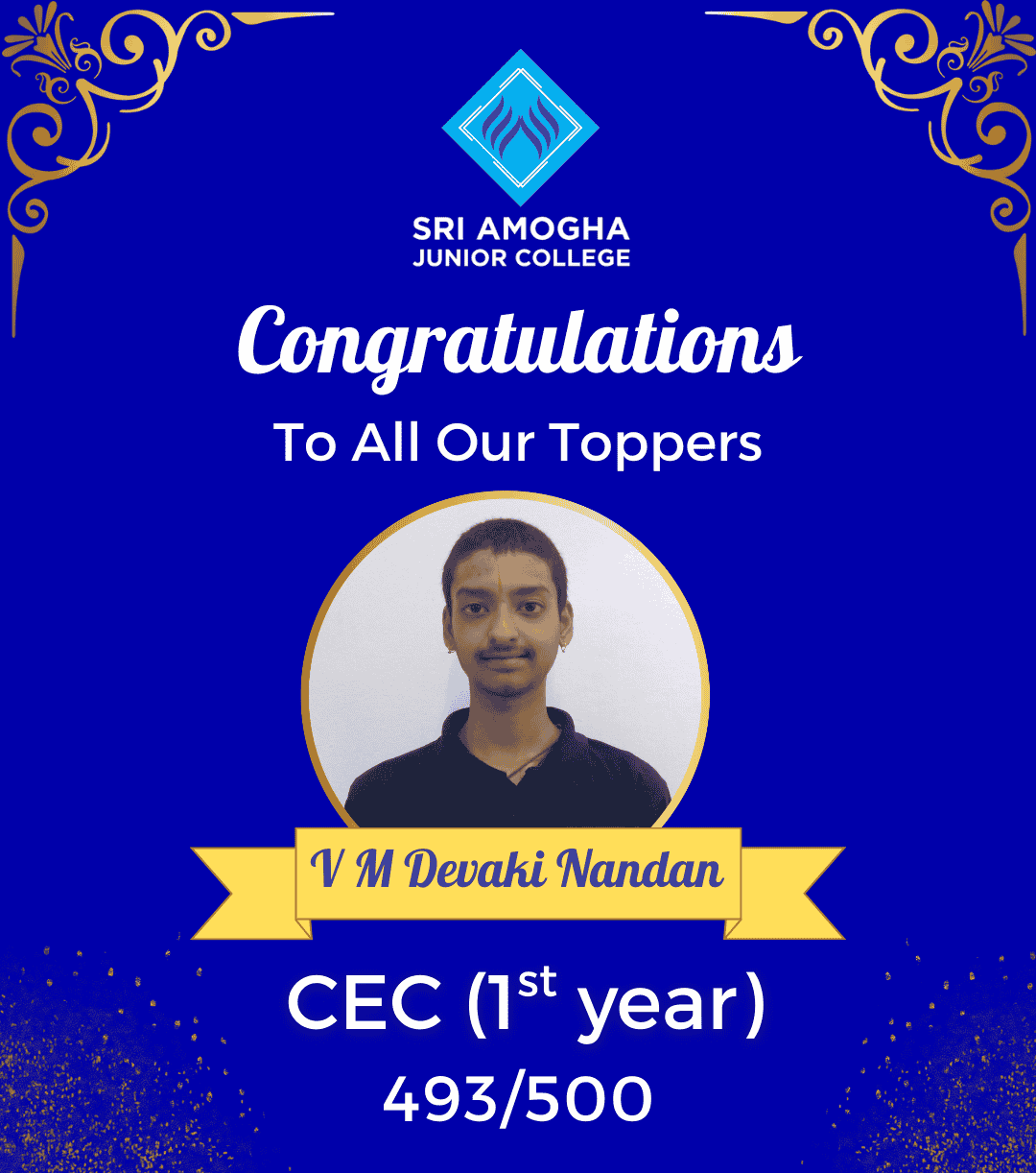Intermediate & Junior College in Hyderabad -SAJC CEC first year topper with 493 marks