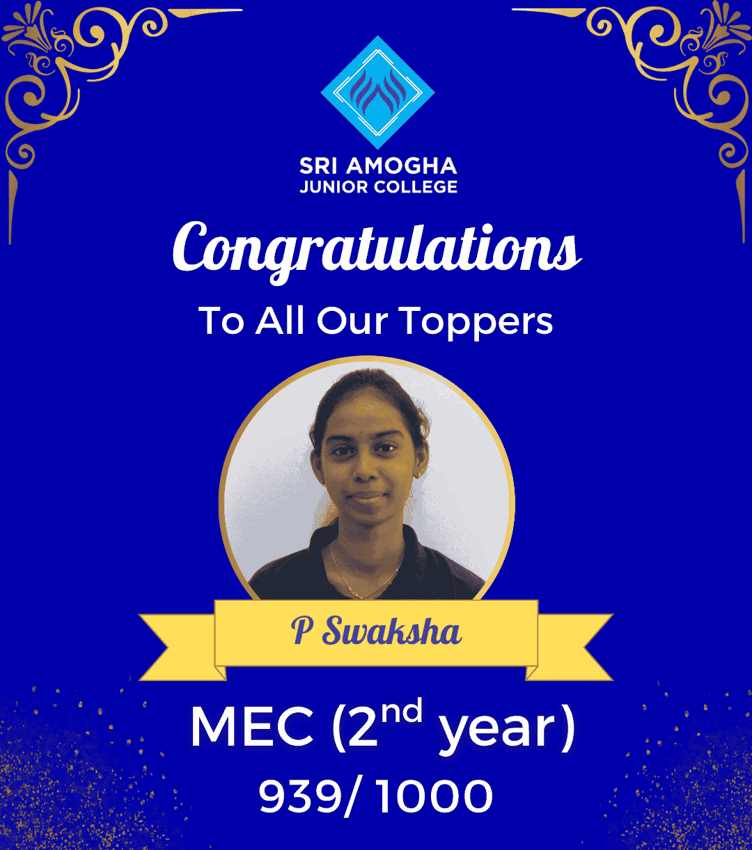 Intermediate & Junior College in Hyderabad -SAJC MEC Second year topper with 939 marks