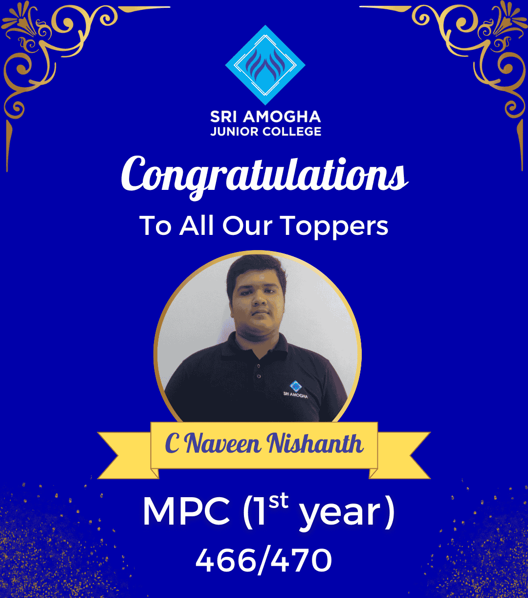Intermediate & Junior College in Hyderabad -SAJC MPC first year topper with 466 marks