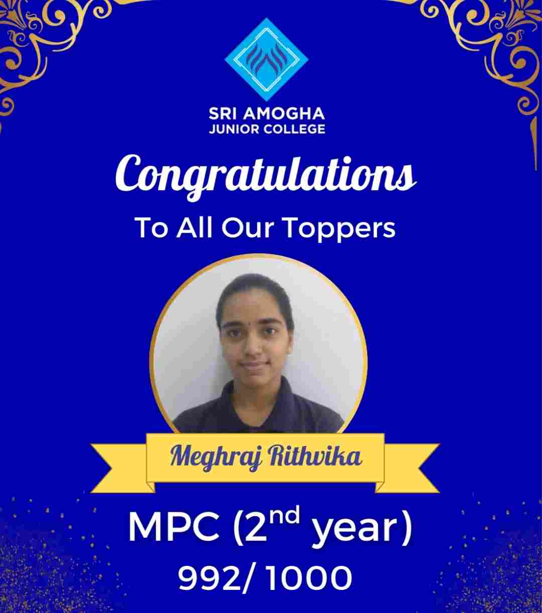 Intermediate & Junior College in Hyderabad -SAJC MPC second year topper with 992 marks