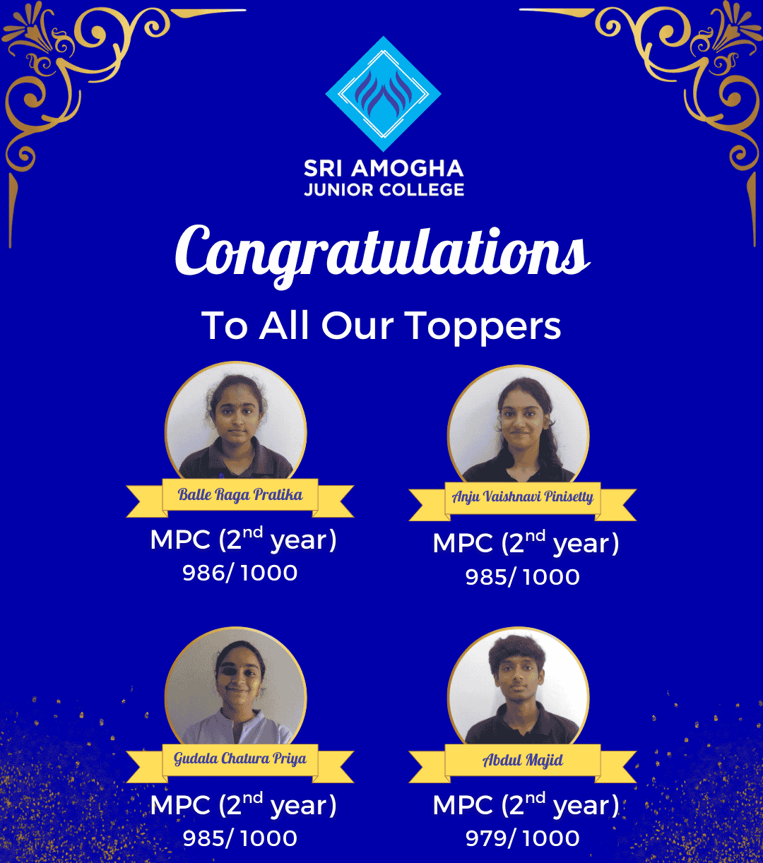 Intermediate & Junior College in Hyderabad -- SAJC MPC second year toppers-