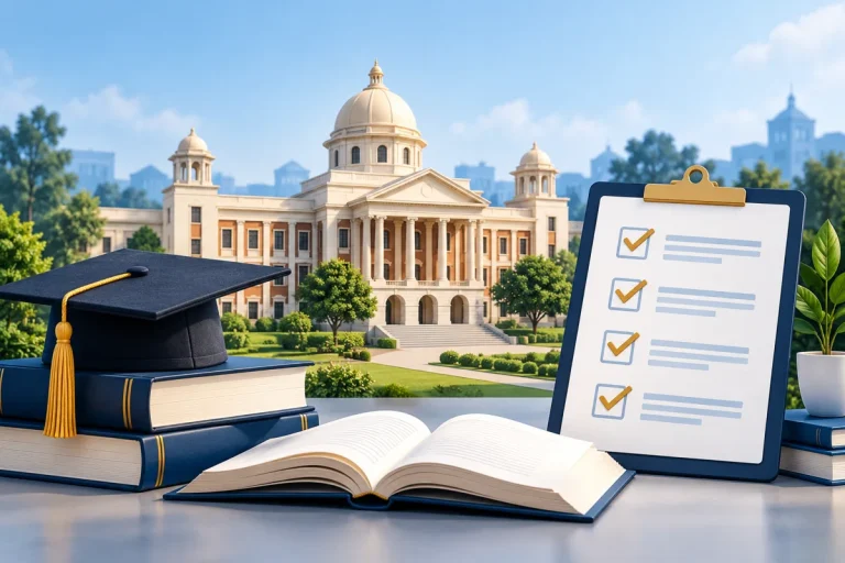 Illustration of a university building, graduation cap and evaluation checklist for comparing colleges